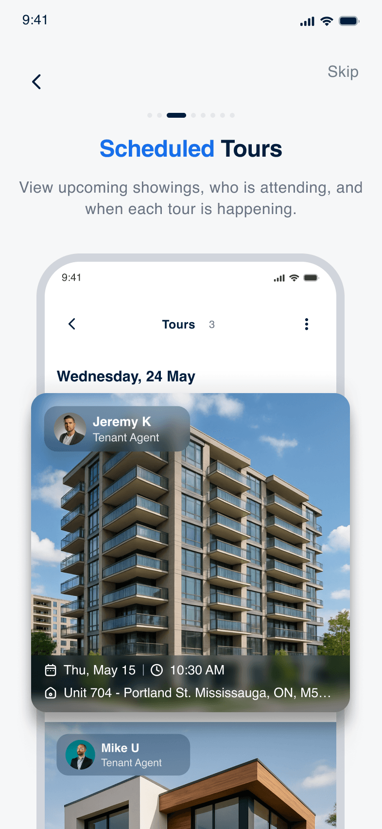 Revun scheduled tours screen showing agent cards with dates and locations